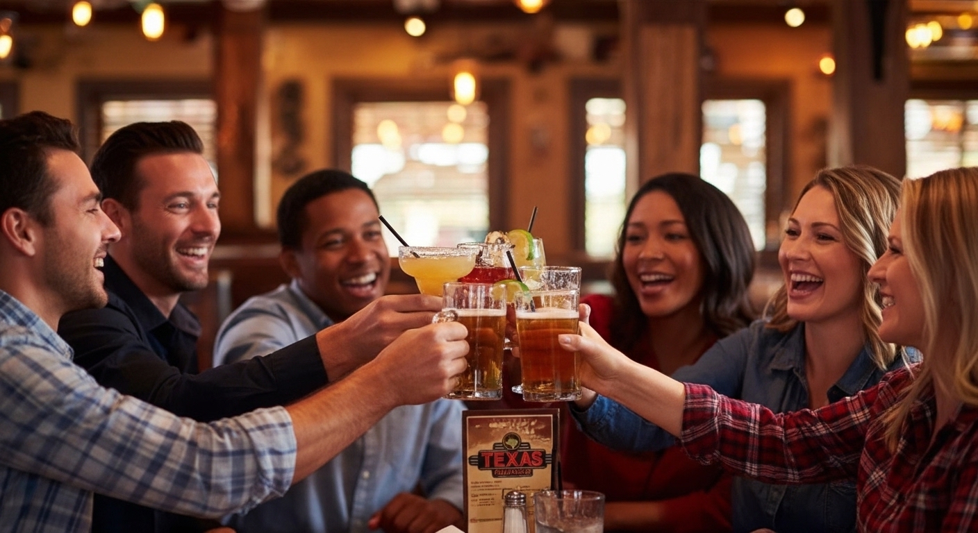 Friends celebrating and toasting during Texas Roadhouse happy hour